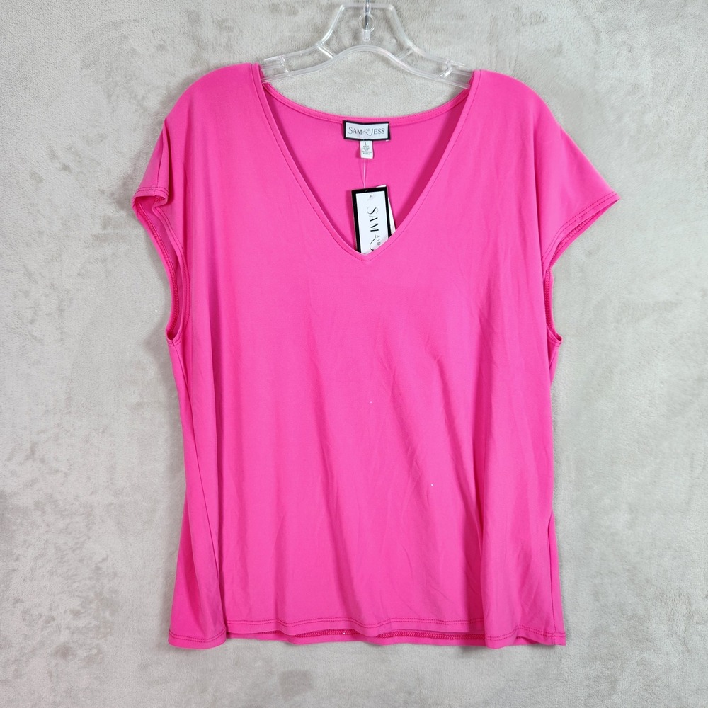 Sam and Jess V-Neck Top Women Large Pink Cap Sleeve Stretch Casual Basic